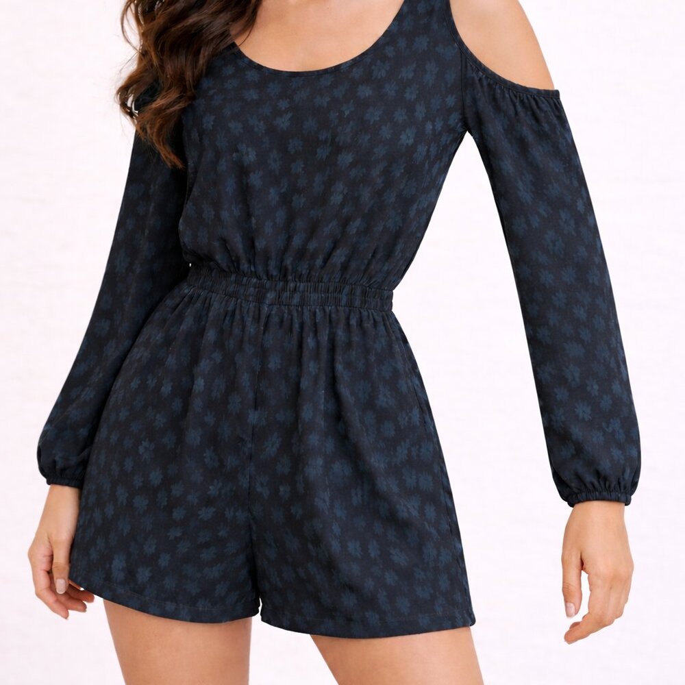 Avec Les Filles Black Teal Print Open Shoulder Ruffle Romper Long Sleeve NWOT
